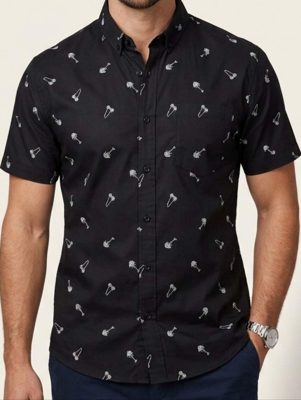 603. Molokai Surf Co. Men's Black Palm Tree Print Button-Up - Large